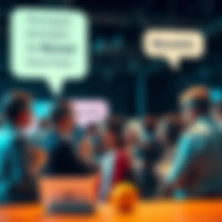 A diverse group of people engaged in a discussion at a forum, with text bubbles showing English messages, symbolizing communication and support.