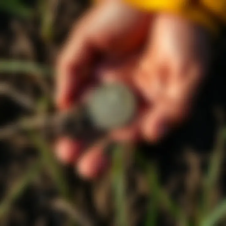 A farmer's hand holds a 1859 Canadian 1 cent coin, with dirt and grass visible around it.