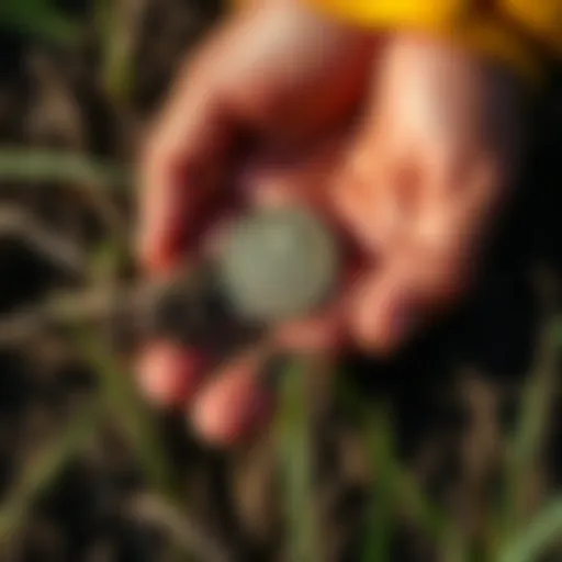 Found 1859 Canadian 1 Cent Coin in Field A farmer's hand holds a 1859 Canadian 1 cent coin, with dirt and grass visible around it.