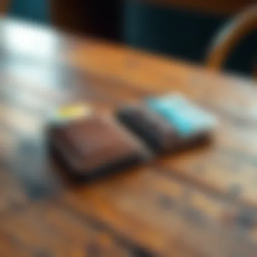 A brown wallet lies open on a wooden table with cards and cash visible inside.