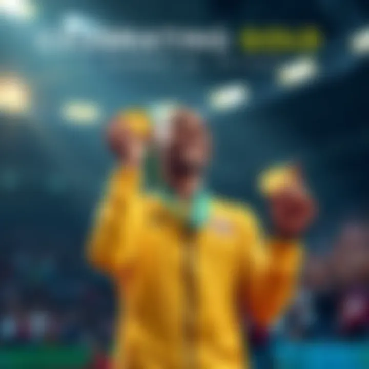 Athlete proudly holding a gold medal with a backdrop of a cheering crowd, symbolizing victory and dedication.