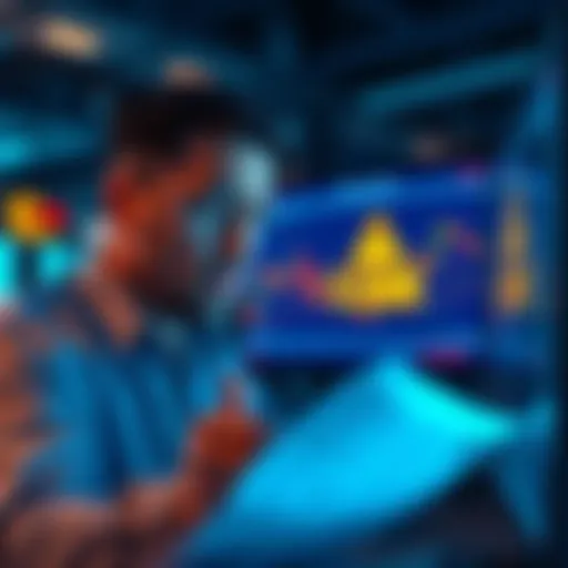 A trader looking worried while staring at financial statements and a computer screen showing loss of $180K, with a warning symbol in the background.