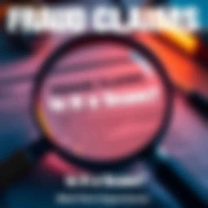 A magnifying glass over a document with scam alerts and testimonials from people about fraud experiences.