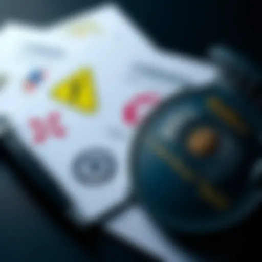 A police badge next to fraudulent documents featuring official logos, highlighting a warning against scams targeting cryptocurrency victims.