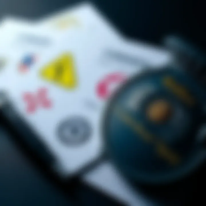 A police badge next to fraudulent documents featuring official logos, highlighting a warning against scams targeting cryptocurrency victims.