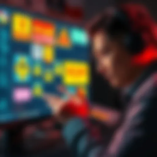 A person examining a computer screen displaying various scam alerts and warning signs.