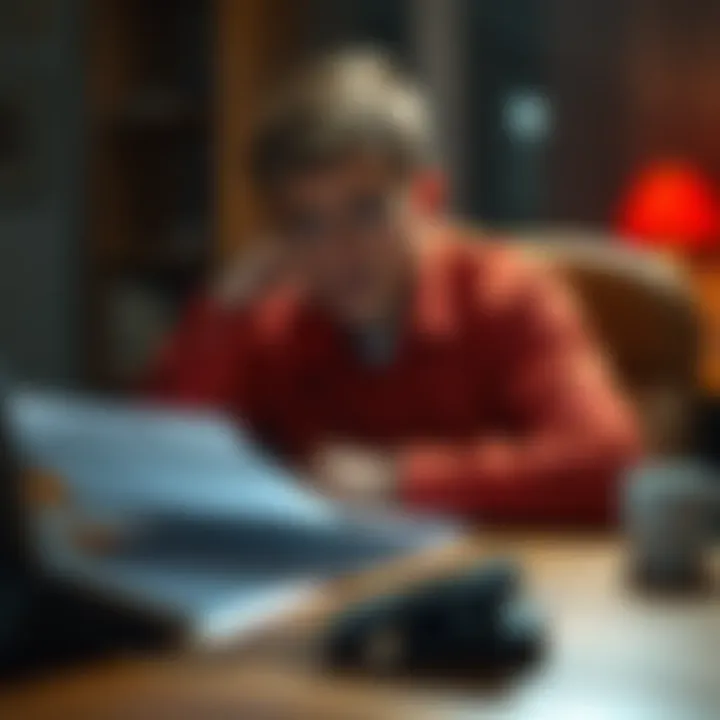 A person sitting at a desk looking worried while examining documents related to a fraud case, with a phone on the table ready to call the bank for assistance
