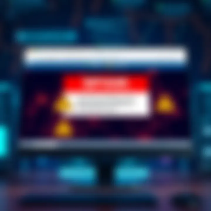 Fraudulent email warning A computer screen displaying a suspicious email marked as spam with warning signs, highlighting the risks of scam emails.