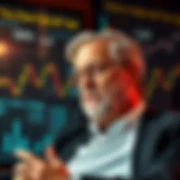 Fred Thiel discussing Bitcoin and Kaspa Fred Thiel speaking about his financial choices regarding Kaspa and Bitcoin in an interview setting, with financial graphs in the background.