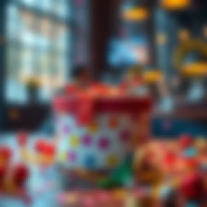 Free Gift Box A colorful gift box with a ribbon, symbolizing a freebie offer, placed on a table with confetti around it.