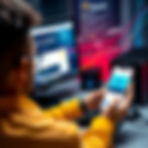 A person sitting at a desk, looking at a computer screen displaying a crypto faucet page, with a wallet app open on their phone, ready to claim free Nano cryptocurrency.