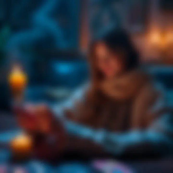 A person consulting tarot cards with a loving theme, focusing on relationships and connections.