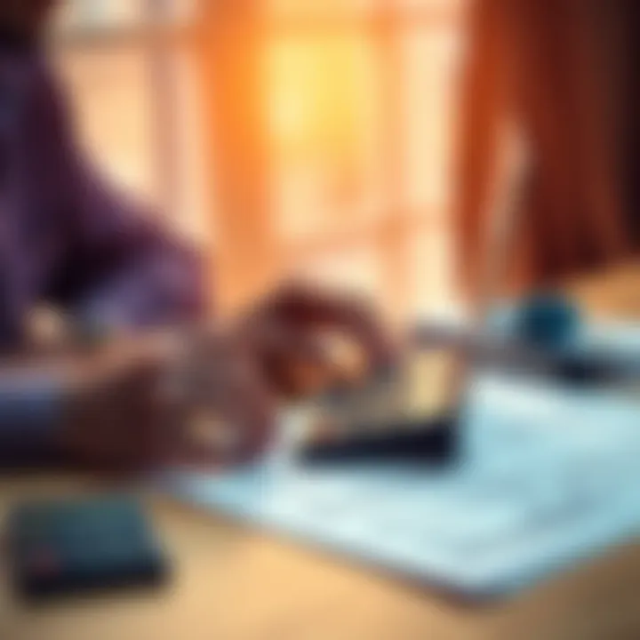 A person using a laptop to calculate taxes with a calculator and tax forms on the table.