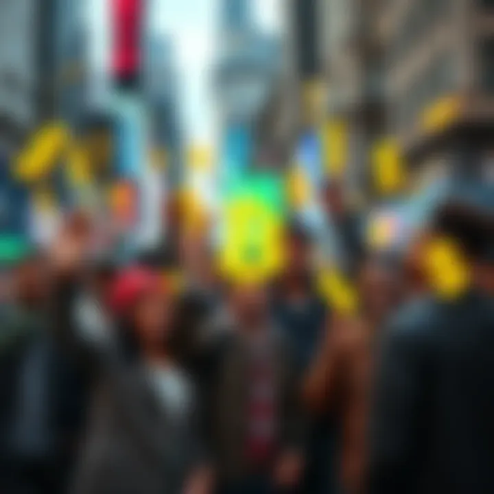 A diverse group of people in New York celebrating with cryptocurrency symbols and dollar signs, representing financial empowerment through free crypto donations