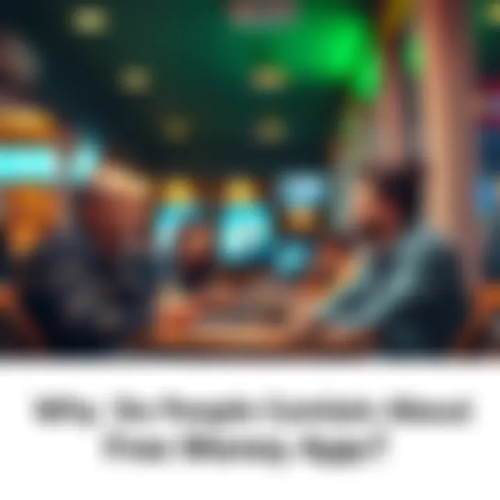 People debating the pros and cons of free money apps at a café