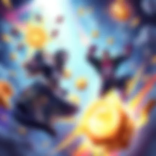 An illustration showing characters in the Invincible GTG Arcade event powering up with colorful effects and rewards around them.