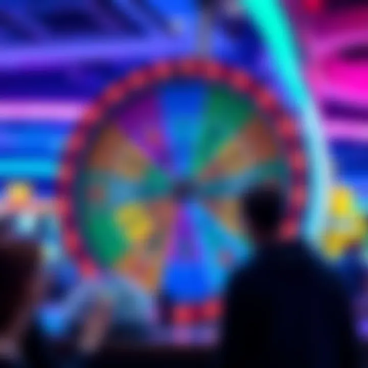 A colorful free spin wheel with various rewards displayed, surrounded by people looking excited and curious about their potential wins.
