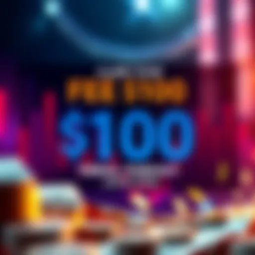 A promotional banner showcasing a free $100 trial fund for trading with bold text and money graphics