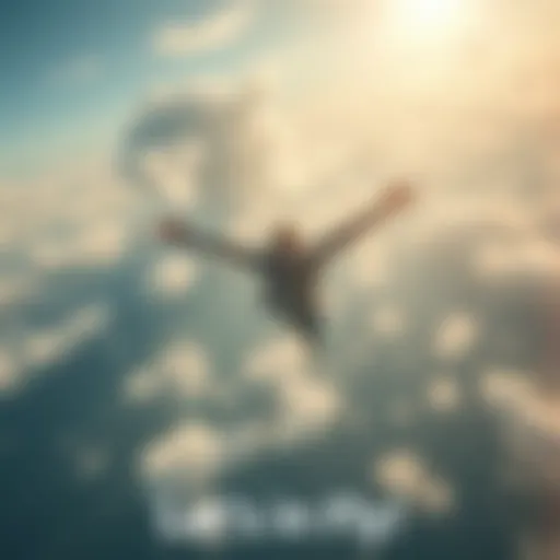 A person soaring high in the sky with wings, symbolizing freedom and adventure