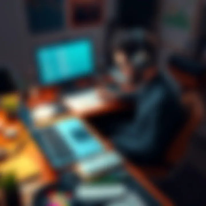 A freelance artist sitting at a desk, sketching ideas on paper while a laptop displays crypto earnings, surrounded by art supplies and digital art tools.