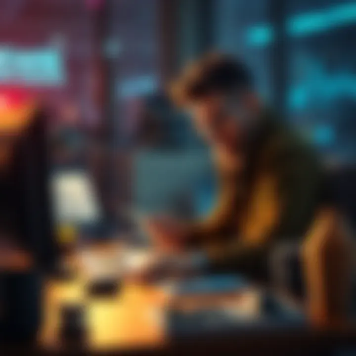 A freelance artist at a desk receiving payments in cryptocurrency while clients use credit cards.