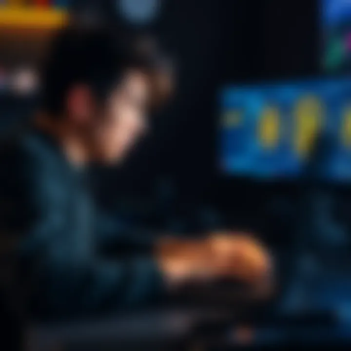 A freelancer focused on their laptop, with Bitcoin logos visible on the screen, representing opportunities to earn Bitcoin through jobs.