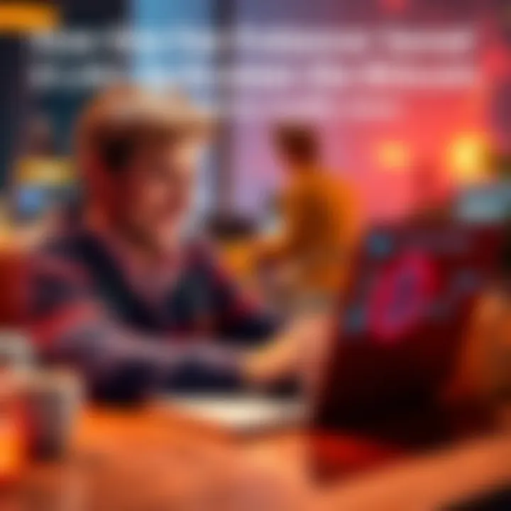 A freelance designer happily accepts a Bitcoin payment on their laptop, with a digital wallet interface showing the transaction.
