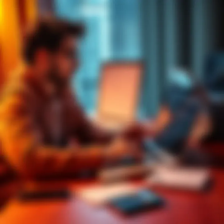 A freelancer working on a laptop, organizing invoices and tracking USDC transactions, with a notepad and calculator nearby