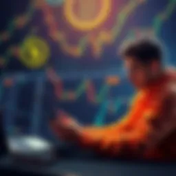 A freelancer reviewing their income on a laptop, focusing on USDT stablecoin while surrounded by currency symbols and financial charts.