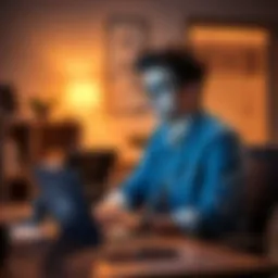 French student considering Revolut as main bank A 19-year-old French student sitting at a desk, looking at a laptop with Revolut's website open, thinking about banking choices.