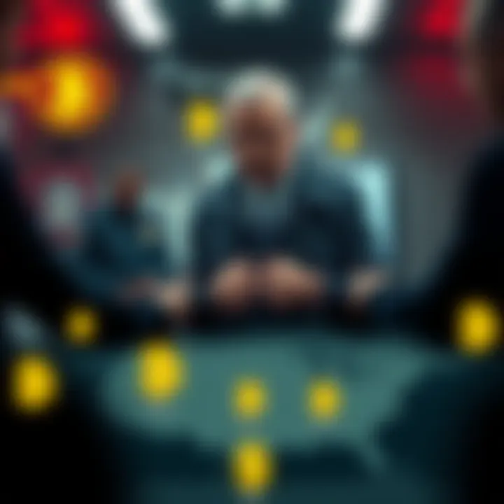 A French tax official in handcuffs at a police station, with a backdrop of crypto currency symbols and a map highlighting home addresses, illustrating the data breach and kidnappings.