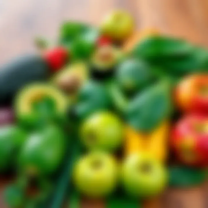 A colorful assortment of fresh green vegetables and fruits, including avocados, spinach, and green apples, arranged on a wooden surface.