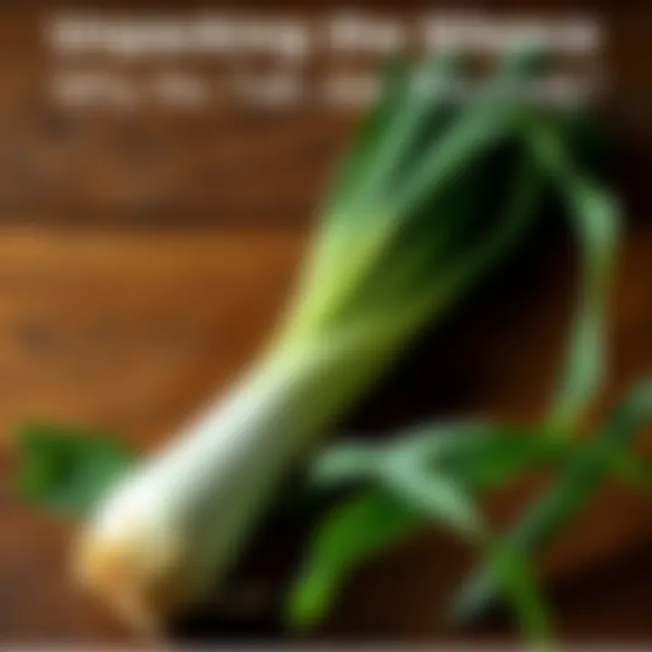 A freshly harvested leek lying on a wooden table, showcasing its green leaves and white bulb. The leek looks crisp and vibrant, inviting discussion about its significance in cooking or gardening.