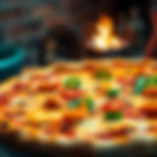 A close-up of a freshly baked pizza topped with cheese, pepperoni, and vegetables, steaming hot and ready to eat.
