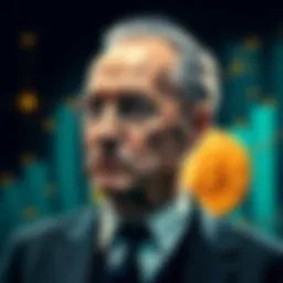 Friedrich Hayek, a Nobel Prize-winning economist, with symbolic Bitcoin graphics in the background, representing his ideas on money and freedom from government control.