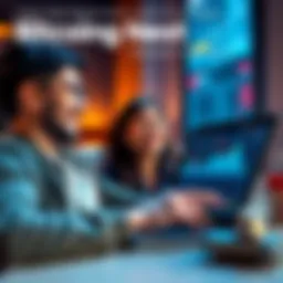 A person laughing while pointing at another friend who looks frustrated with a Bitcoin chart showing a dip on a laptop screen.