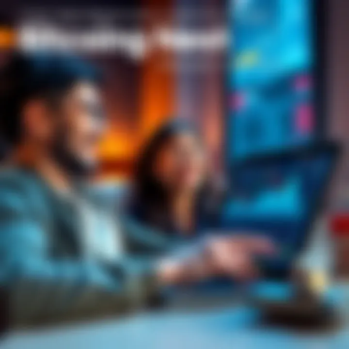 A person laughing while pointing at another friend who looks frustrated with a Bitcoin chart showing a dip on a laptop screen.