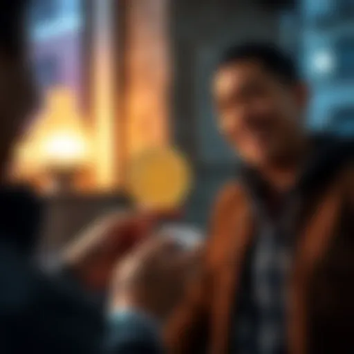 A person happily receiving a Bitcoin transfer on their phone from a friend, symbolizing financial support and friendship.