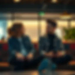 A person sitting with a friend, looking concerned and ready to listen, promoting mental health support