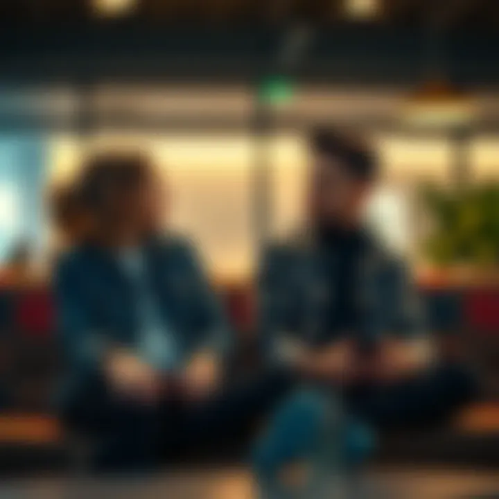 A friend checking on another A person sitting with a friend, looking concerned and ready to listen, promoting mental health support