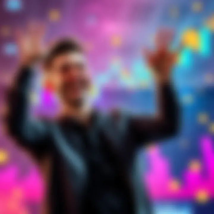 A young man joyfully celebrating his success in cryptocurrency investment, with graphs and currency symbols in the background