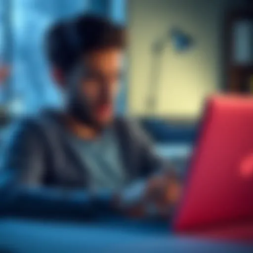 A friend looks shocked while reading a post about XRP hype on a laptop, highlighting the impact of online crypto discussions.
