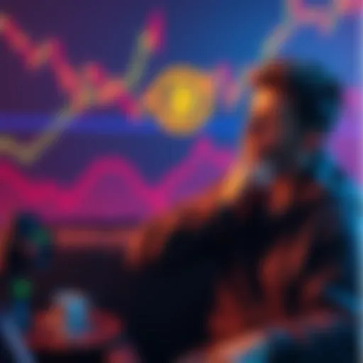 Friend supporting another friend A comforting scene where one friend offers support to another who looks worried, with a Bitcoin chart showing fluctuations in the background.