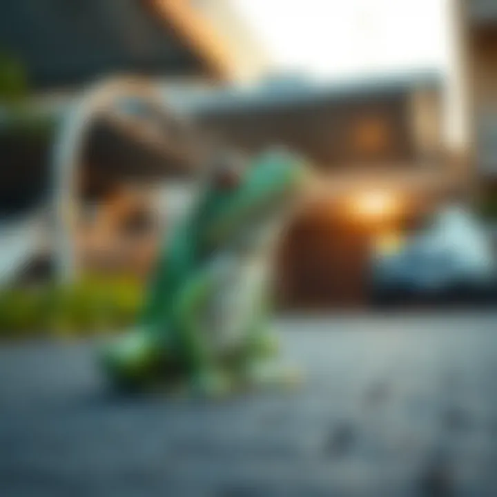 A small green frog sitting near a car port, looking up as it greets its owner after night shifts