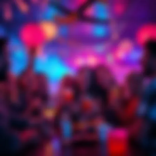 A joyful group of friends enjoying a lively party atmosphere with decorations and drinks.