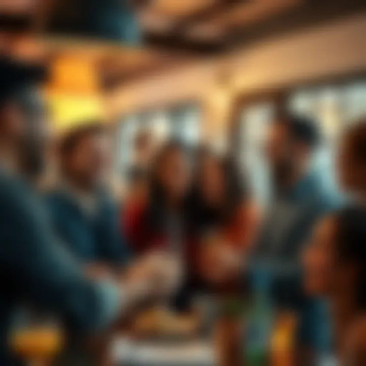 Group of friends chatting at a social gathering A group of people smiling and having a lively conversation in a cozy social setting