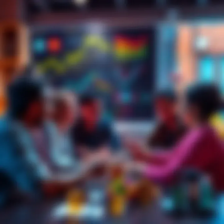 A group of friends engaging in a lively discussion about cryptocurrency investments, with charts and graphs in the background.