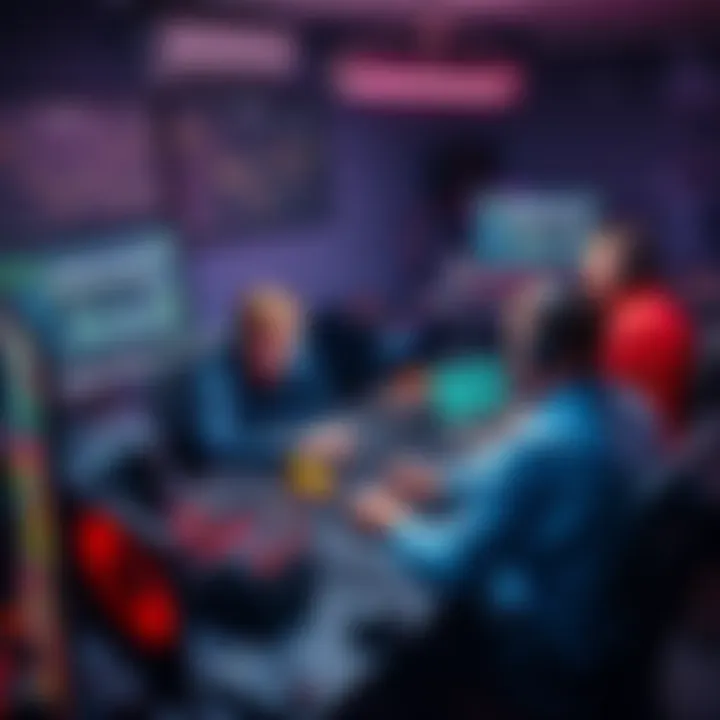 Group of friends mining together A group of friends sitting around a table, working on mining equipment and screens displaying mining data