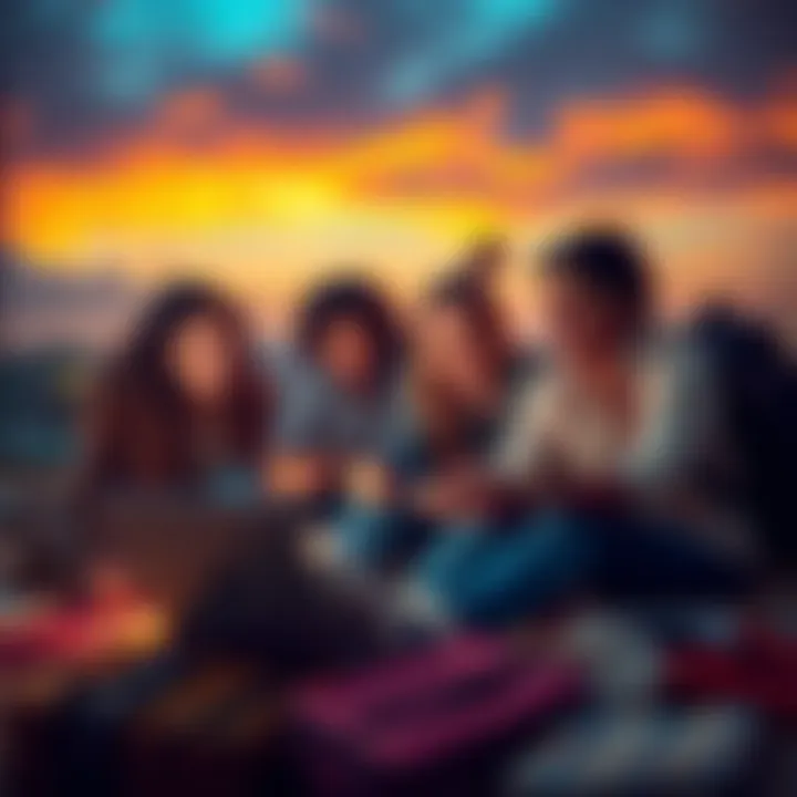 A group of friends discussing their vacation plans over a laptop with a mobile payment app open