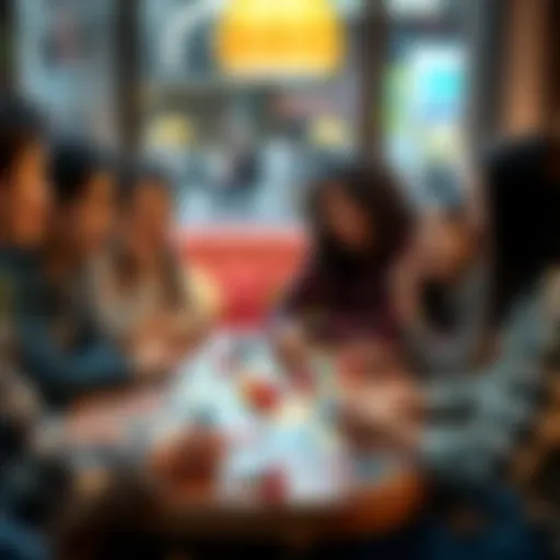 A group of friends gathered around a table, joyfully playing a board game with colorful pieces and cards, showcasing the fun of social gaming gatherings.